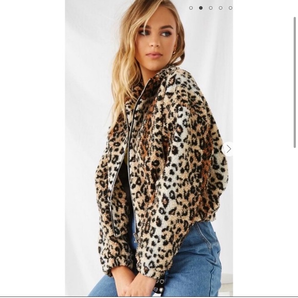 Forever 21 Cropped Leopard / Cheetah Print Sherpa Full Zip Jacket Sz S - Picture 9 of 10